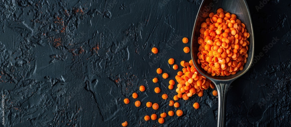 Poster Red lentils on a spoon with a dark background providing a perfect copy space image
