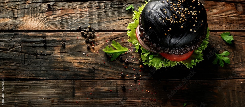 Poster A top down shot of a black burger with meat onions and lettuce set on a wooden backdrop providing empty space for additional content