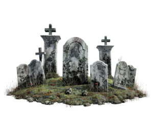A graveyard with many gravestones and a skull. The graveyard is surrounded by a fence. Scene is eerie and spooky