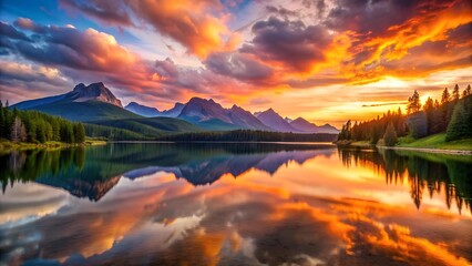 Serene Sunset Over a Mountain Lake  Generative AI