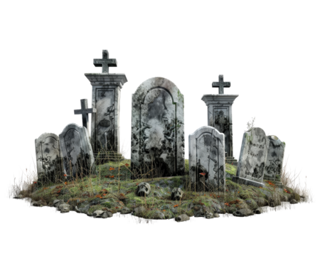 A graveyard with many gravestones and a skull. The graveyard is surrounded by a fence. Scene is eerie and spooky