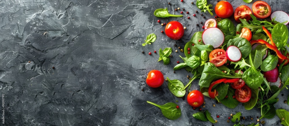Poster Fresh vegetable salad beautifully presented on a textured gray stone backdrop with ample copy space showcasing a vibrant array of colorful ingredients such as tomatoes spinach peppers chili and radis