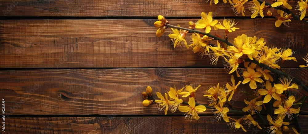 Poster wooden background showcasing a vibrant forsythia with copy space image available