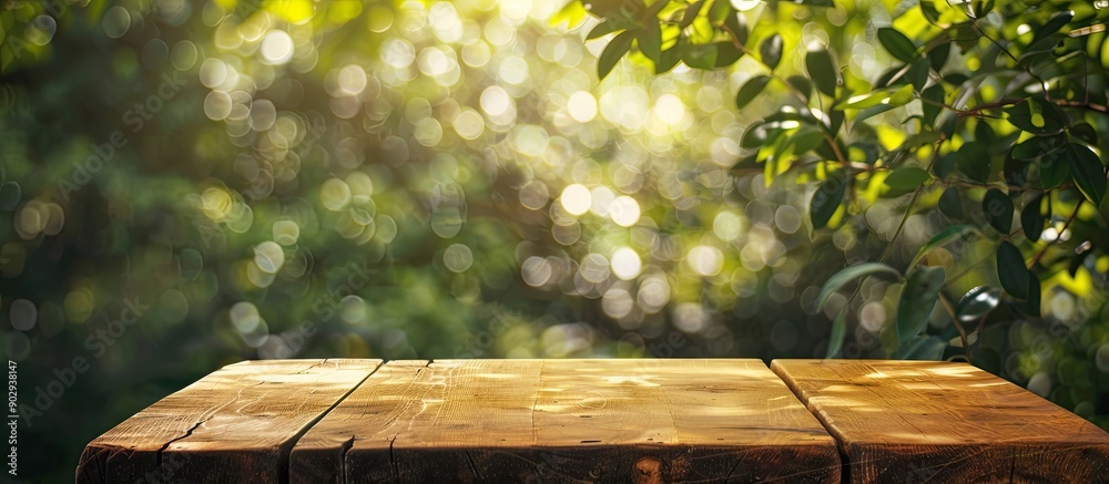 Fototapete Wooden table in garden with cutting board on top set against a sunny green bokeh background ideal for adding images in the blank space provided. Creative banner. Copyspace image