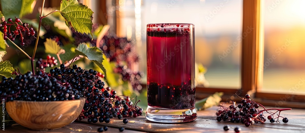 Aufkleber Table near window with elderberry drink and jam featuring Sambucus berries displayed for a copy space image