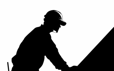 Black silhouette vector image of a construction worker standing with tools and wearing a hard hat, emphasizing readiness and professionalism in a clean and simple outline design