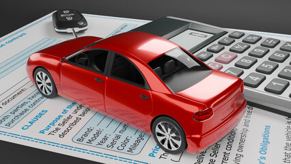vehicle sale contract, vehicle tax payment, vehicle tax payment, purchase of new car, rental car, rent payment, vehicle purchase and sale contract, auto insurance, 3d illustration