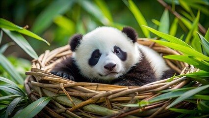 A Tiny Panda Cub Napping in a Nest of Bamboo Leaves  Generative AI