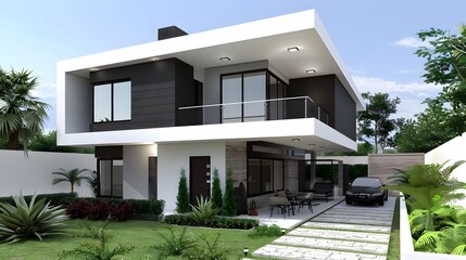Fototapeta premium Modern Home Design with Green Yard and Car