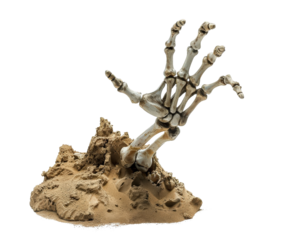 A skeleton hand is laying on the ground in a sandy area. The hand is missing its thumb and the fingers are spread out. The image has a creepy and eerie mood