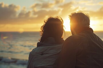 Fototapeta premium Portrait of a blissful couple in their 40s watching the sunrise