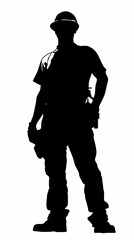 Black silhouette vector image of a construction worker standing with tools and wearing a hard hat, emphasizing readiness and professionalism in a clean and simple outline design