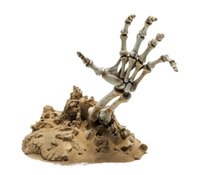 A skeleton hand is laying on the ground in a sandy area. The hand is missing its thumb and the fingers are spread out. The image has a creepy and eerie mood