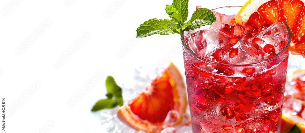 Aufkleber Red drink with ice grapefruit and mint on a white background suitable for including text or design in the empty area. Creative banner. Copyspace image