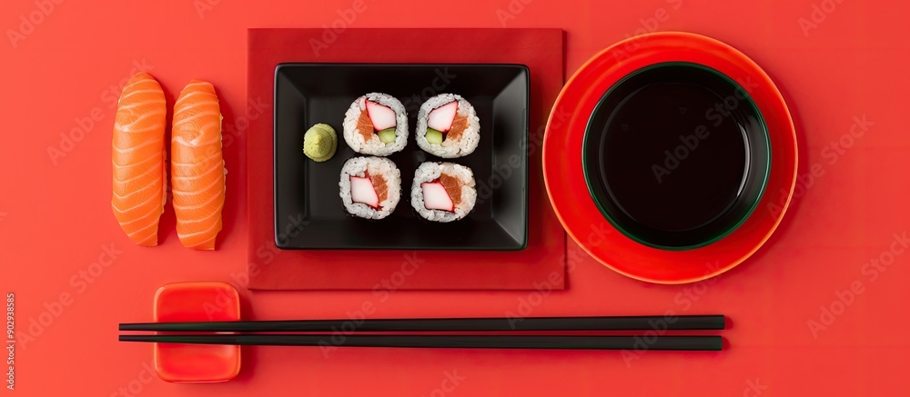 Poster top down view of a sushi set laid on a red napkin with a black plate chopsticks and soy sauce offeri