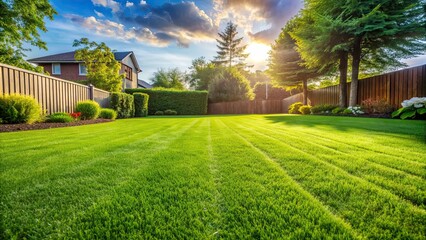 Fototapeta premium Freshly cut grass in a backyard setting, green, lawn, yard, lush, landscaping, mowing, summer, nature, outdoors, vibrant, gardening