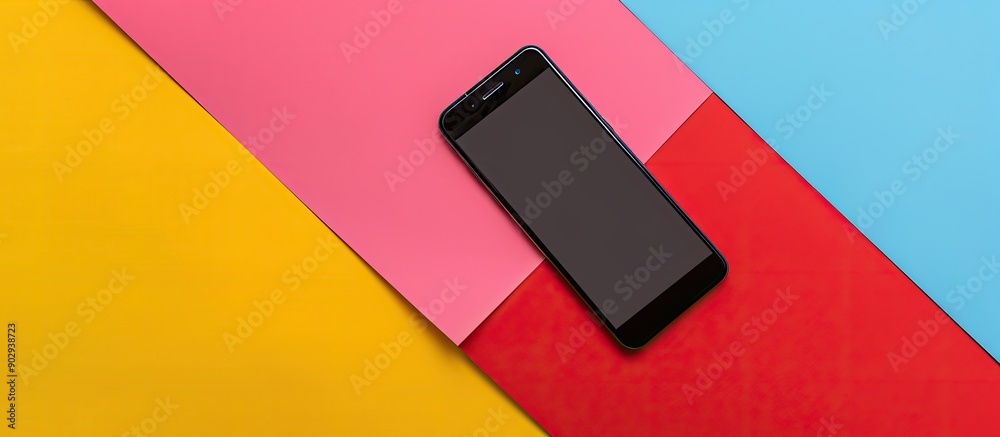 Aufkleber Minimalistic mobile phone floating with blank screen on a colorful background perfect for a technology themed ad banner featuring primary colors and ample copy space image