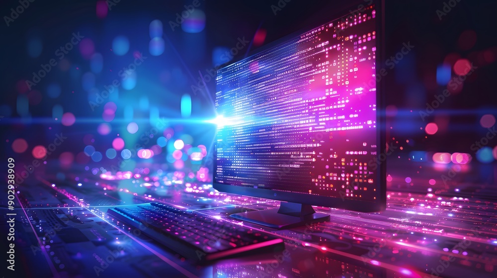 Poster futuristic computer setup with vibrant data streams and digital effects