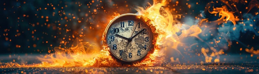 A clock is on fire and the time is almost 11:00. The image has a dark and dramatic mood, with the fire and the clock being the main focus. The clock is surrounded by ash and debris