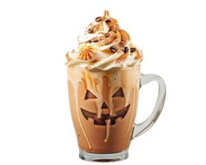 A Halloween themed coffee cup with a pumpkin face on it. The cup is filled with whipped cream and has a spooky design