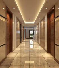 Modern Interior Design of a Hallway with Wooden Doors