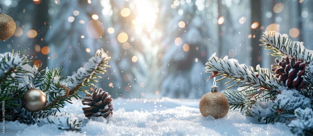 Poster Evergreen forest winter scene with snow draped spruce branches and festive glass ornaments creating a Christmas themed copy space image