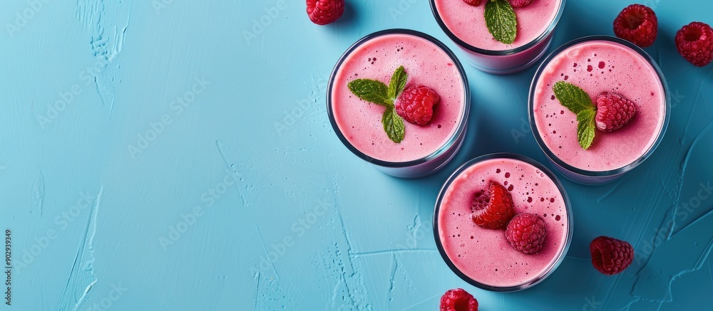 Aufkleber pink smoothies displayed on a blue background with additional room for text or images known as copy 