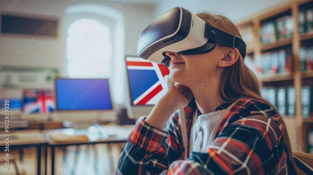 Poster A student joyfully explores virtual reality while seated at a desk in a classroom, surrounded by educational materials.