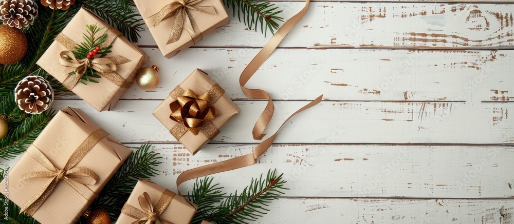 Leinwandbilder handcrafted gift boxes with ribbons lie beside a fir tree on a white wooden table background creatin
