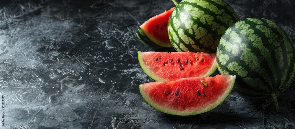 Aufkleber Whole and sliced watermelon on a dark textured surface with an area for text Includes a shallow depth of focus for the image. Creative banner. Copyspace image