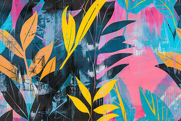 abstract risograph of seamless pattern of wild leaves, wallpaper, background