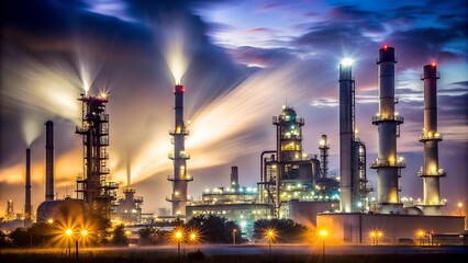 Fototapeta premium Glowing Steel and Smoke: A Nighttime Refinery Silhouette AI generated