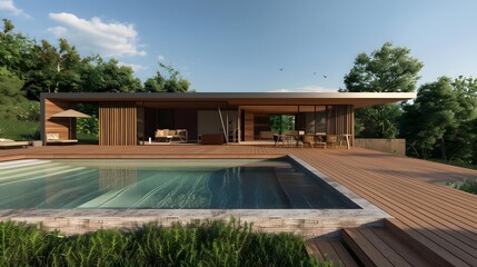 Fototapeta premium Modern Minimalist House with Swimming Pool and Wooden Deck