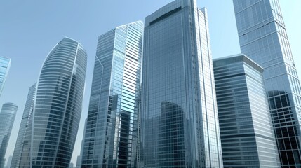 Tall glass skyscrapers rise against a bright blue sky, showcasing modern architecture and urban development in a vibrant city