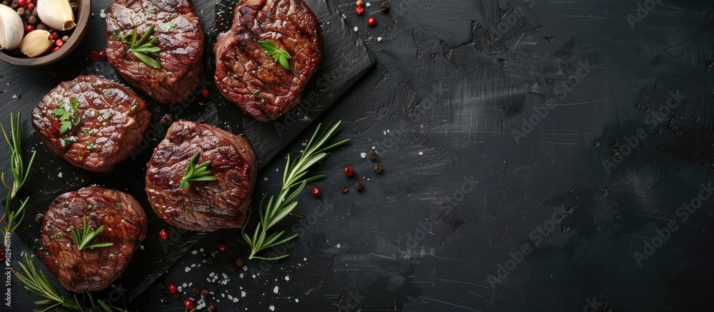 Poster top view of seasoned filet mignon steaks on black concrete with herbs garlic salt pepper and copy sp