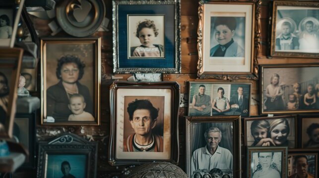 A variety of framed family photos hang in an abstract collage on a wall, portraying shared history and memories