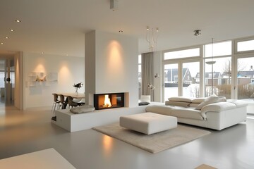 Fototapeta premium Modern White Living Room with Fireplace and Large Windows