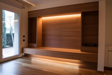 Modern Wooden Wall Unit with Built in Shelving and Drawers