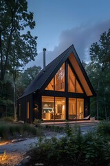 Modern A Frame Cabin in the Woods at Dusk