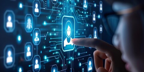 A hand interacts with a digital network interface, highlighting a user profile.
