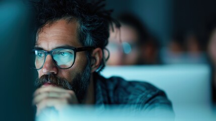 A person with dark hair is working intently on a computer screen in a dimly lit room, with the focus on the back of their head and the soft glow from the monitor.