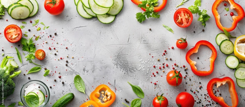 Poster various fresh veggies arranged on a bright tabletop in a flat lay style leaving room for text in the