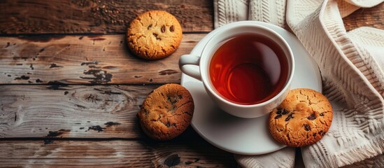 Fototapeta premium Top view of a porcelain cup of tea and sweet cookies on a wooden background with selective focus showcasing a copy space image