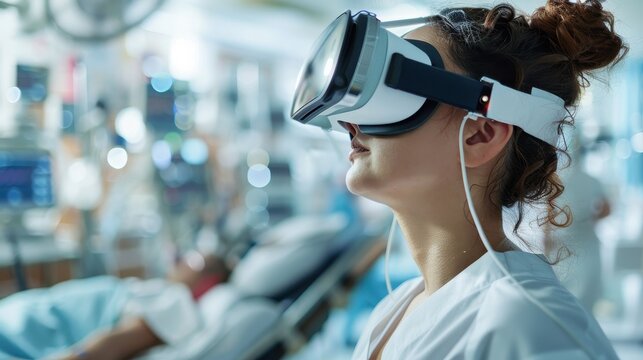 A female doctor is seen wearing a virtual reality headset amidst a hospital environment, showcasing the application of immersive technology to enhance medical practice and patient care.