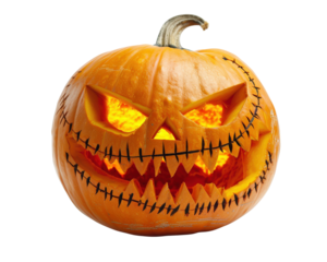 A pumpkin with a scary face carved into it. The pumpkin is orange and has a menacing look