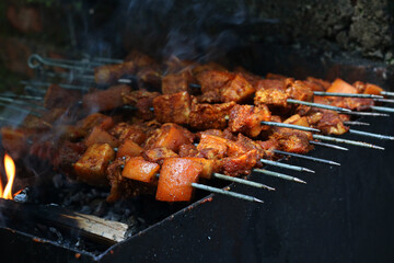 Meat on the grill. Making of pork juicy sekuwa. Street food in Kathmandu, Nepal.
