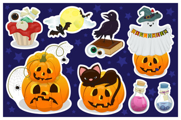 Fototapeta premium Pumpkins, crows, black cat, potion and book, spider web, ghost and cake, moon and bats. Set of funny Halloween stickers. Stickers, icons. Set of stickers for kids