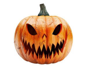 A pumpkin with a scary face carved into it. The pumpkin is orange and has a menacing look
