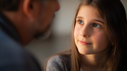 A 14 year old girl talks to an adult, view over the shoulder of the adult, the girl has a concerned facial expression