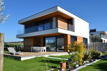 Fototapeta premium Modern House with Wooden Siding and Large Windows